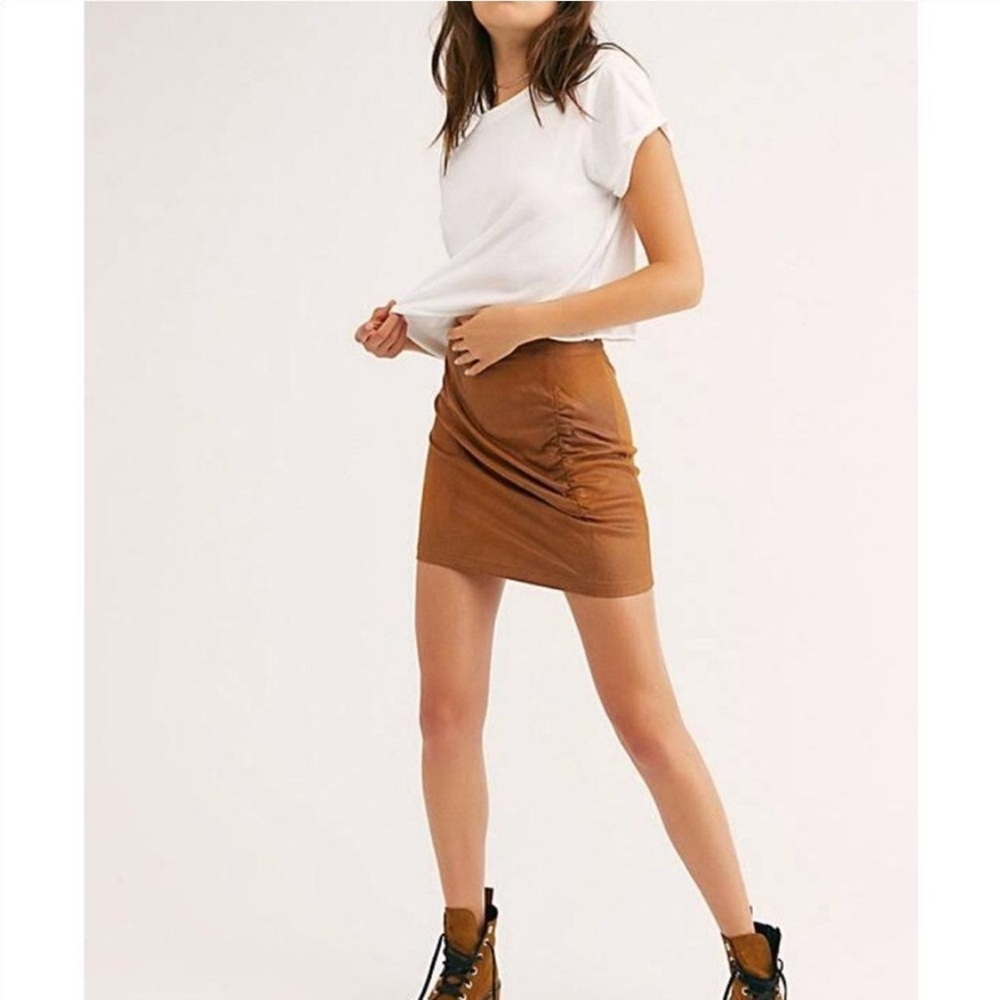 Free People Rumi Ruched Camel Brown Faux Suede Mini Skirt XS